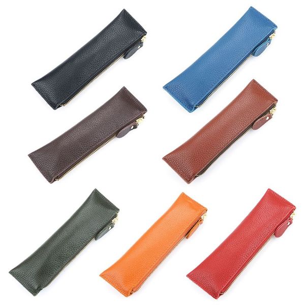 

1 pc handmade leather pencil bag vintage retro zipper fountain pen makeup brush pouch
