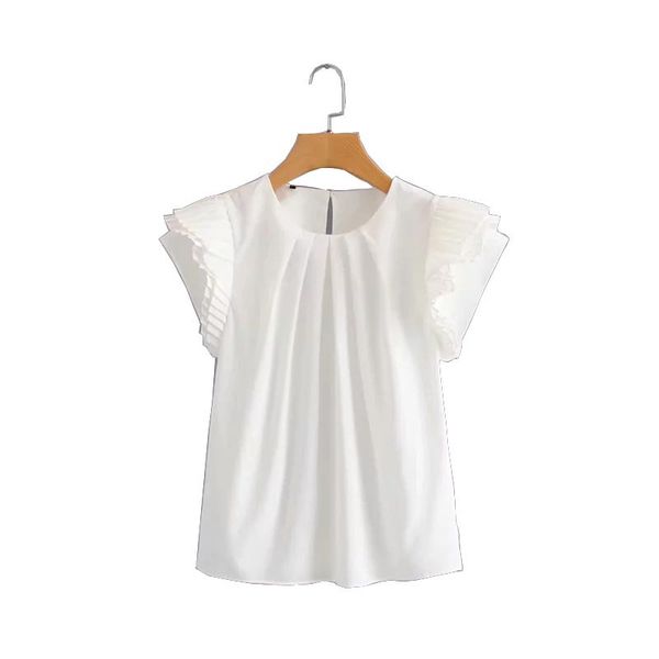 

cs4280 women o neck simple pleated ruffles sleeve shirts white color bouse