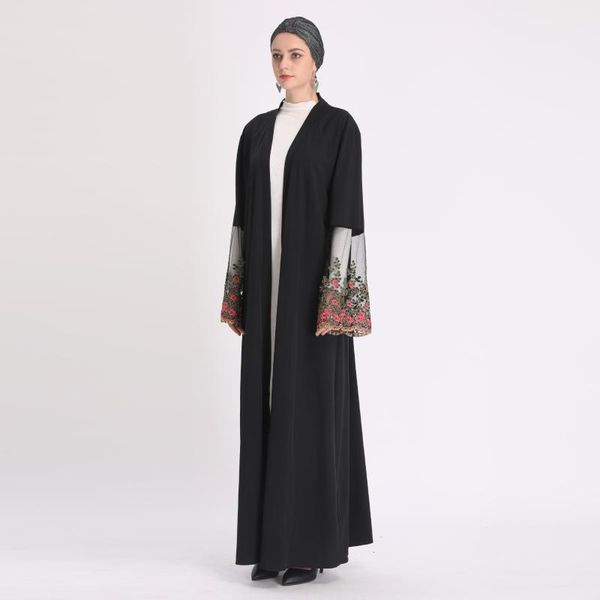 

casual dresses wepbel women open dress muslim abaya flower floral embroidery lace dubai fashion ramadan islamic clothing, Black;gray