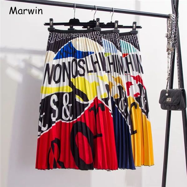 

marwin 2019 new-coming summer printing cartoon letter pattern high street europen style women skirts party holiday high elastic, Black