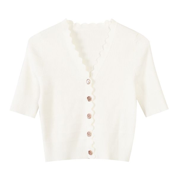 

2020 весна и лето новый женский сплошной цвет волнистый короткий тонкий вязаный топ кардиган с коротким рукавом вязаная футболка женская оде, White