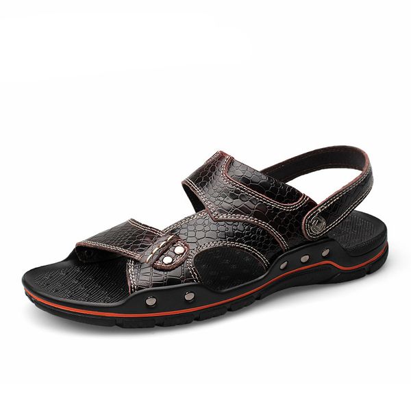 

genuine leather summer beach sandals men casual flip flop sandals outdoor walking shoes male fashion beach male comfortable shoe, Black