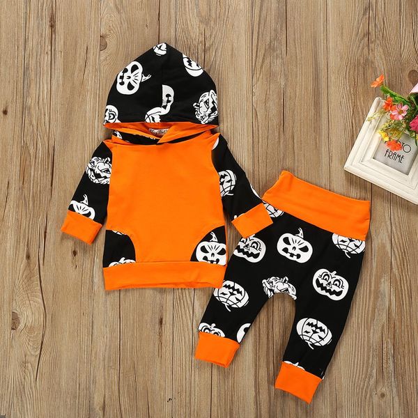 

newborn kids clothing baby girls halloween outfits clothes cute print hooded t-shirt+pants set 2pc keep warm children's sets, White