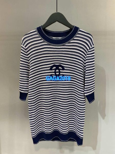 

high end женщины девушки вязать футболку полосатый письмо мотив круглый вырез с коротким рукавом блузка футболка мода дизайн роскошный пулов, White