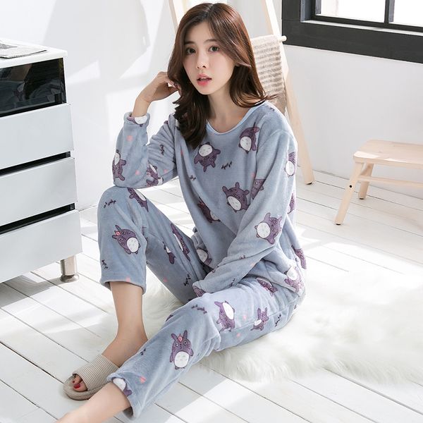 

girls cute thick warm cartoon print flannel pajama sets for women 2018 winter long sleeve coral velvet pyjama sleepwear homewear, Blue;gray