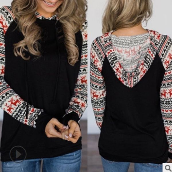 

european and american women's popular long sleeve printed hoodie at christmas, Black