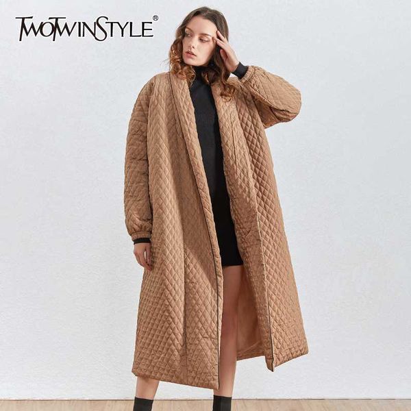 

twotwinstle black cotton coat women lapel collar lantern long sleeve loose thick long female parkas 2020 spring clothing tide