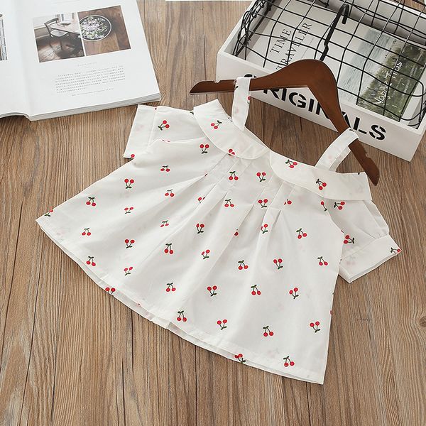 

girls girl's shirt summer 2020 childrenswear children little girl camisole short sleeve baby cherry printed shirt children's shi, White