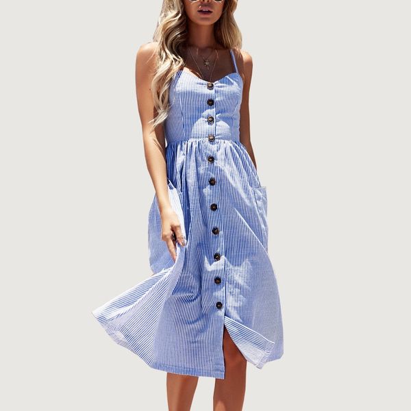 

Striped Button Sexy Casual Summer Strap Dress Long Boho Beach Pockets Women Sundress Vestidos Elegant Daily Dress Female