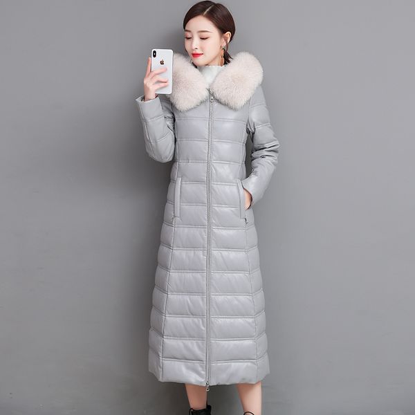 

real leather 90% duck down warm parkas coat winter fashion thick warm down jacket female longer fur hooded jacket, Black
