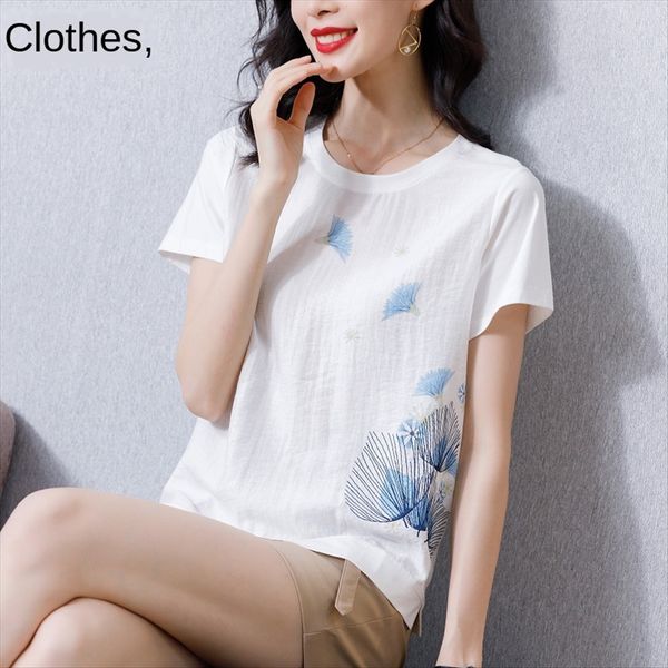 

love clothes and clothes 2020 cotton and linen women's t- short-sleeved loose women's belly-covering temperament shirt shirt, White