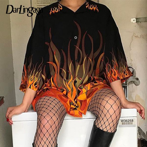 

darlingaga streetwear flame printed long blouse women loose new fashion summer fire women's shirt cardigan hip hop blouses, White