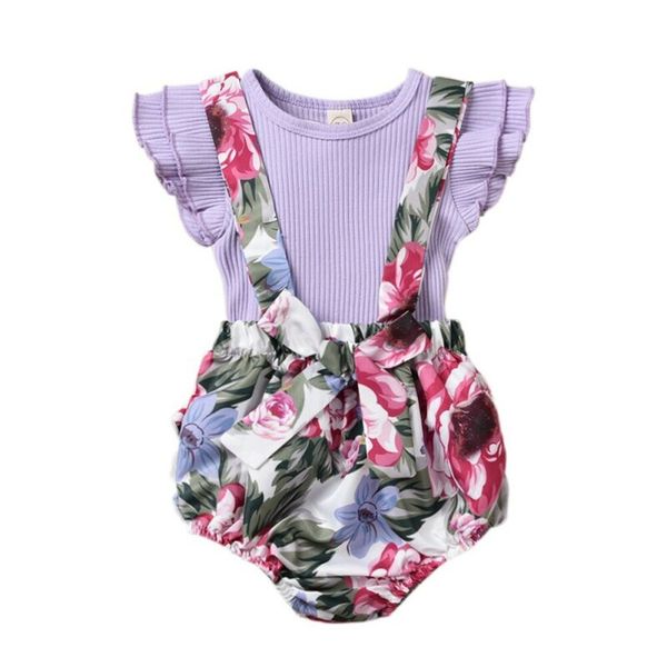 

newborn baby girls flower romper little sister matching jumpsuit flying sleeve purple tee strap floral pants outfits, White