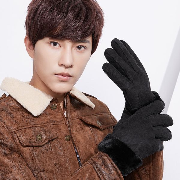 

fashion-men cashmere gloves imitation leather fashion female full finger suede mittens winter warmer wrist gloves, Blue;gray