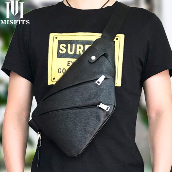 

misfits 100% genuine leather men messenger bags casual chest bag anti theft crossbody bag for male motorcycle sling shoulder