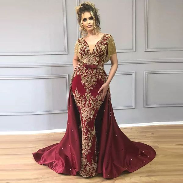 

burgundy mermaid abric dubai evening dresses with detachable train gold appliques with pearls bow tie red carpet gowns, Black;red