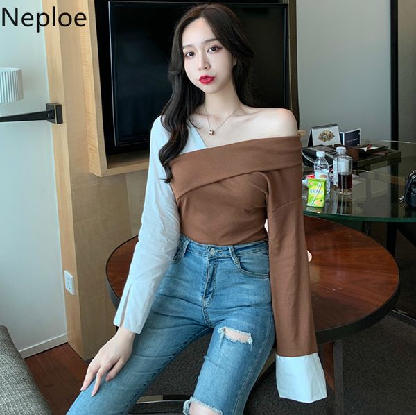 

neploe contrast color long sleeve women sweater slash neck strapless pullover 2019 autumn korean slim jumpers 55024, White;black
