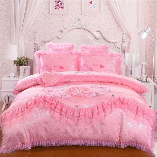 

j/6/8pcs silk cotton jacquard wedding bedding set pink red lover duvet cover set bed sheet bed linen king  size