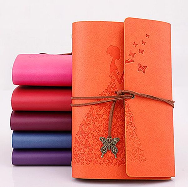 

new design vintage kraft paper pirate notebooks spirial dress beauty pu notepads butterfly pendant bound diary business travel journal, Purple;pink