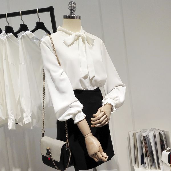 

new summer autumn pure white chiffon blouse women office wear butterfly tie bow collar long sleeve shirts lady all-match
