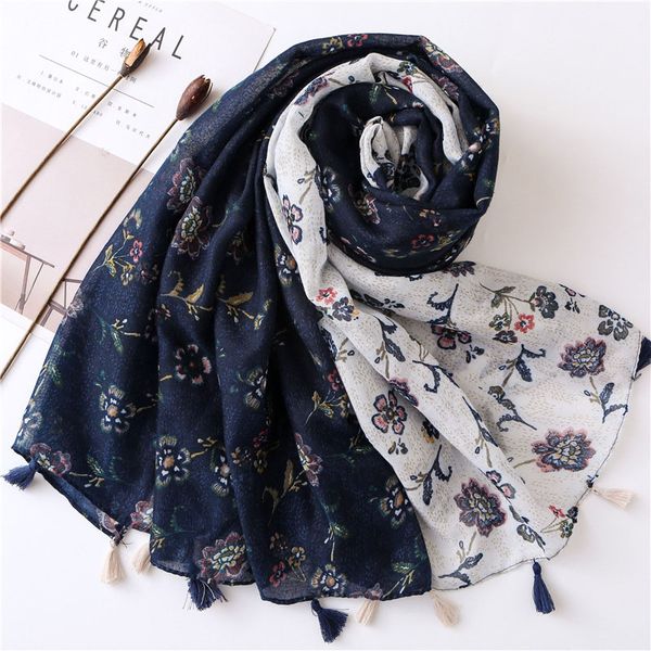 

fashion elegant women scarf soft floral print fitting wraps shawl with tassel two color autumn winter all-match scarves, Blue;gray
