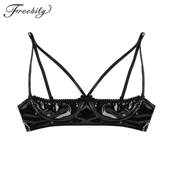 

womens lingerie bras for nightclub black soft sheer adjustable spaghetti straps bra faux leather wire-unlined bra, Red;black