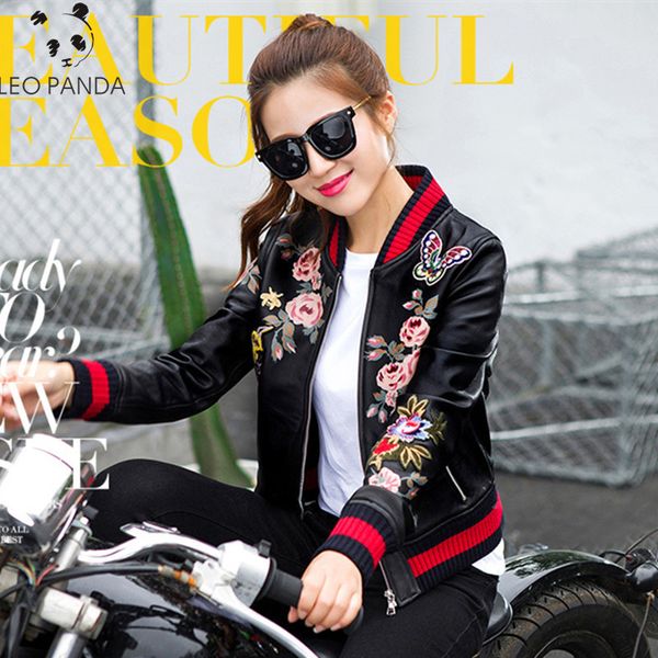 

2019 new spring and autumn baseball uniform embroidered wild small leather women's printed short coat slim slim pu leather jacke, Black