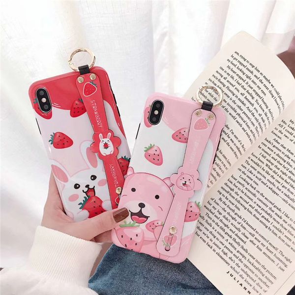 

one piece luxury phone case for iphone 6 7 8plus xr xsmax lovely rabbit and strawberry designer phone case back cover with wristband