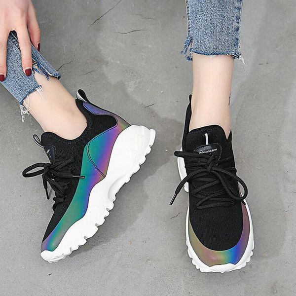 

2019 brand new fashion spring women reflective shoes casual 5cm thick sole girl shoes lady mash lace up colorful qa-13, Black