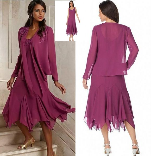 

2020 vintage elegant chiffon plus size mother of the bride dresses with jacket tea length groom pant suits gowns for weddings, Black;red
