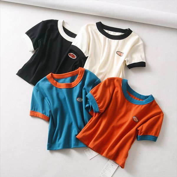 

navel t-shir female 2020 summer t-shir op and auumn round collar shor sleeve knitted letter contrast color short t, White