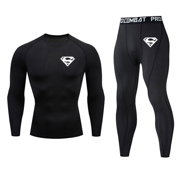 

mens sport running set compression t-shirt + pants skin-tight long sleeves fitness rashguard training clothes gym suits, Black;blue