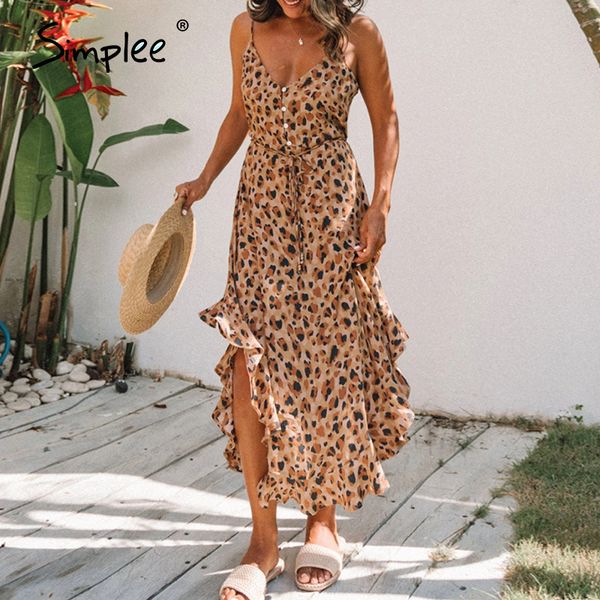 

simplee leopard print women dress sleeveless ruffled high waist summer dress v-neck buttons beach wear holiday dress 2020, Black;gray