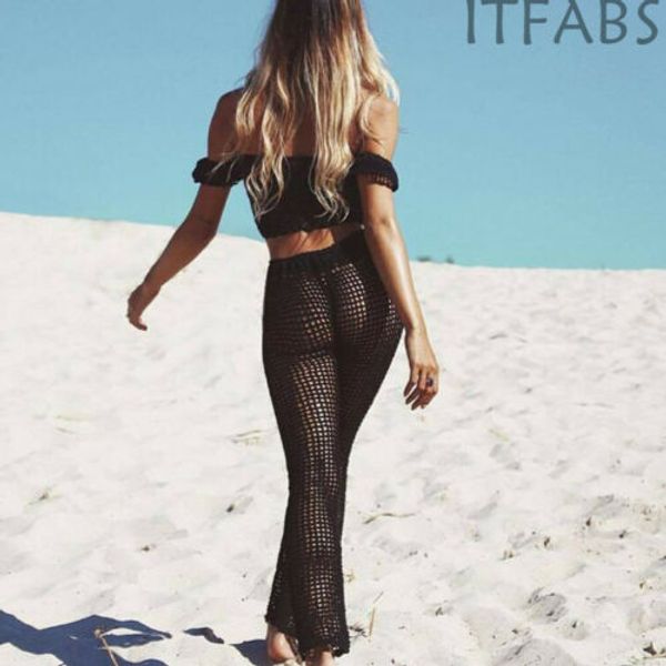 

womens crochet knitted trousers holiday beach wide leg bikini cover up pants, Blue;gray