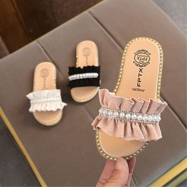 

девушки принцессы тапочки обувь 2020 новая летняя мода дети pinkwhite flat девушка тапочки pearl бисероплетение обувь, Black;grey