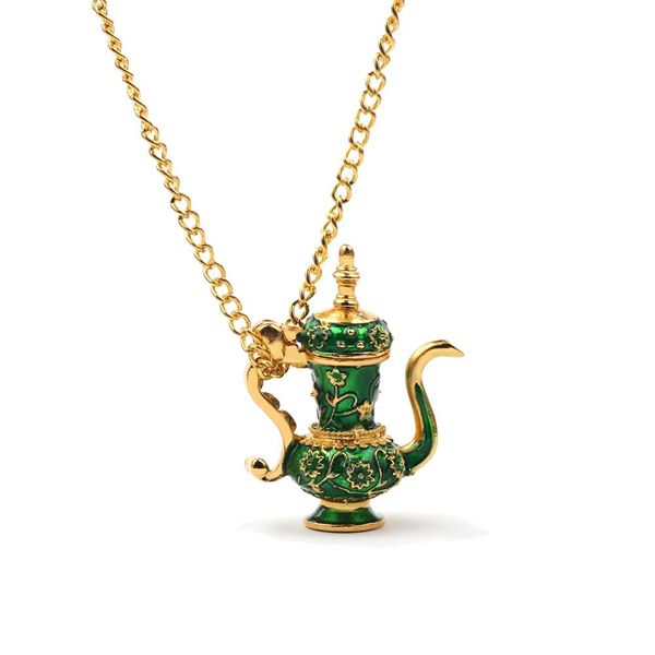 

vintage enamel green teapot pendant long chain women sweater necklace jewelry, Silver