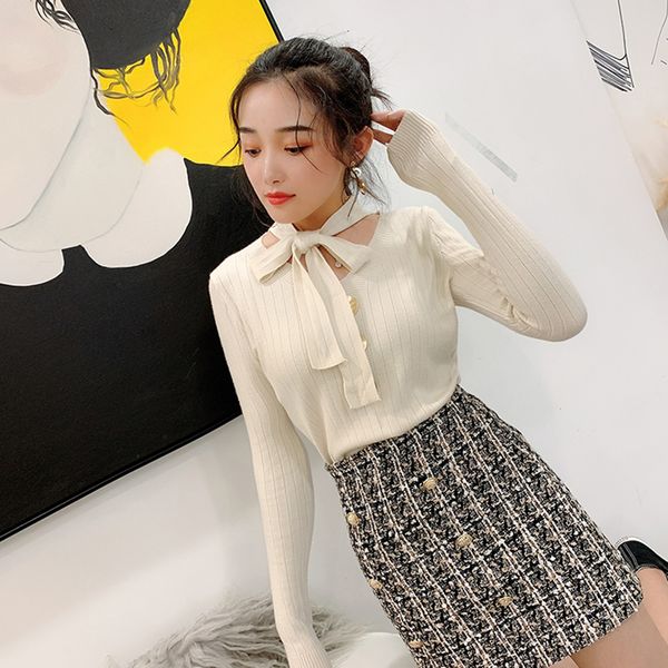 

autumn winter college style solid color bow tie slim pullover long slevee sweater o-neck women sweater, White;black