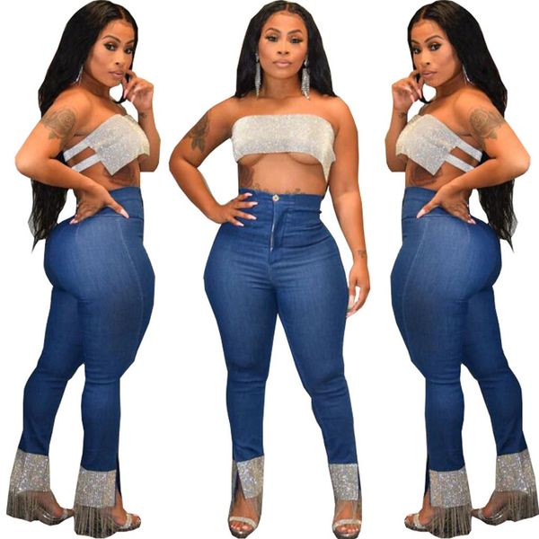 

high waist jeans for women slim stretch denim jean bodycon tassel belt bandage skinny push up jeans woman #35, Blue
