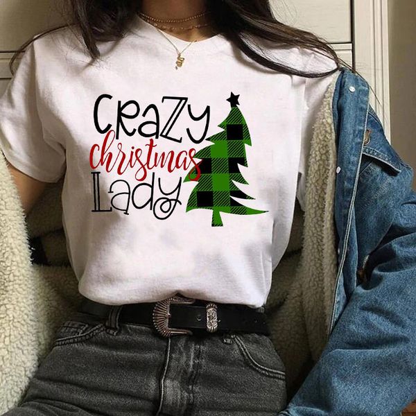 

womens fashion crazy lady plaid tree holidays tree merry christmas t-shirt female t tee shirt camisas mujer tshirt women, White