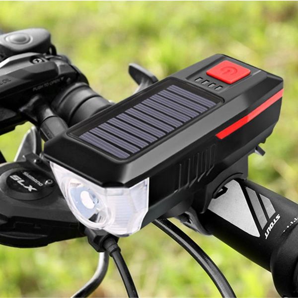 

2020 usb/solar double charging bicycle headlight usb rechargeable led bike head light front lamp cycling+horn l