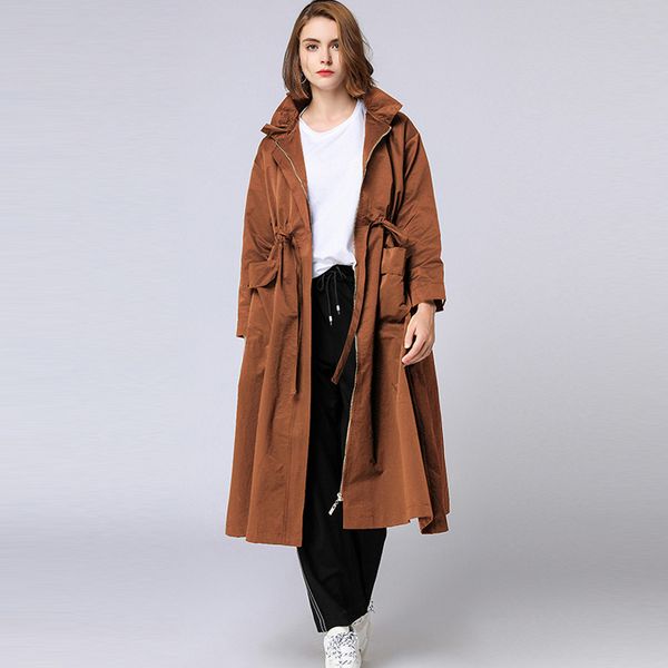 

plus size women's elegant long coat leaf collar loose zipper trench coat large size ladies' early autumn winter new xl-4xl, Tan;black