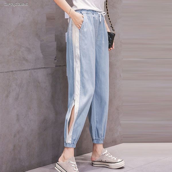 

boyfriend thin tencel cotton summer denim jeans pants woman 2019 fashion elastic waist side striped split trousers femme, Blue