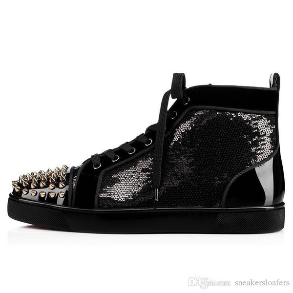

wholesale new popular men women high shiny bead piece leather spikes shoes famous brand red bottom sneakers mens casual shoes, Black
