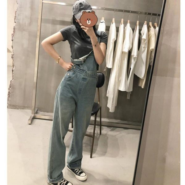 

slim belt denim overalls women's loose hand wash cargo pants, Blue