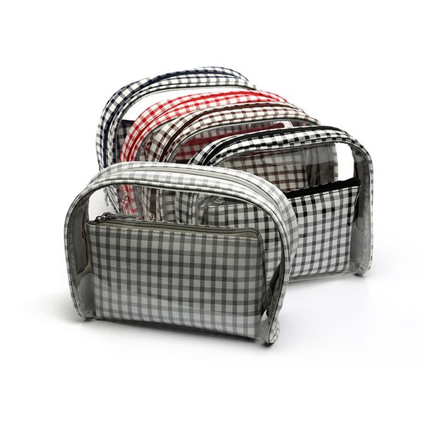 

2 pcs/set chequer travel transparent pvc cosmetic bag ladies outdoor travel zipper makeup bag waterproof toiletry