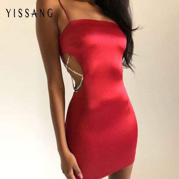 

casual dresses yissang diamond glitter satin dress women strap hollow out backless bodycon mini party club wear 2021, Black;gray