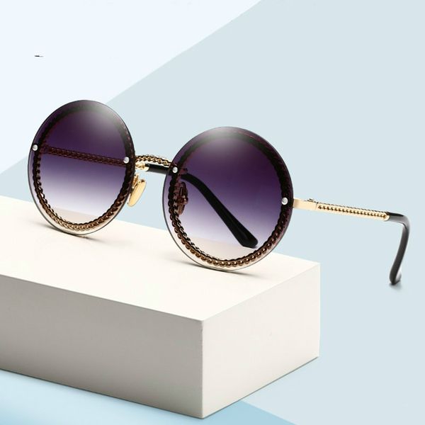 

fashion sunglasses metal chain frame round rimless sunglasses women, White;black