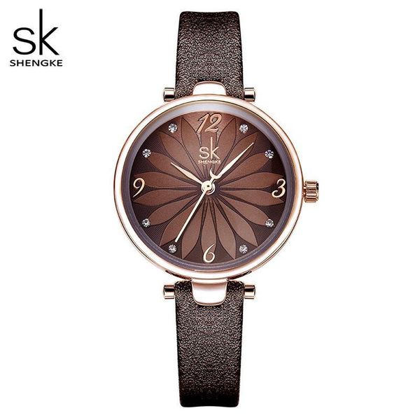 

shengke leather watch flower dial women quartz wristwatches quartz analog women watch casual ladies watches reloj mujer, Slivery;brown