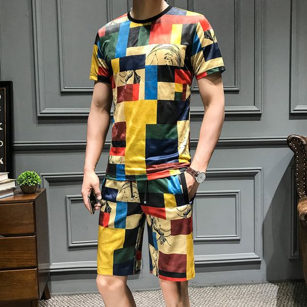 

silk t-shirt suit men's casual sport suit men's popular 5 minutes of pants two-piece handsome short sleeve t-shirt, Gray