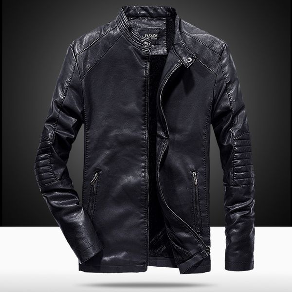 

2019 autumn new fashion stylish veste cuir homme slim good quality stand collar black leather jacket men